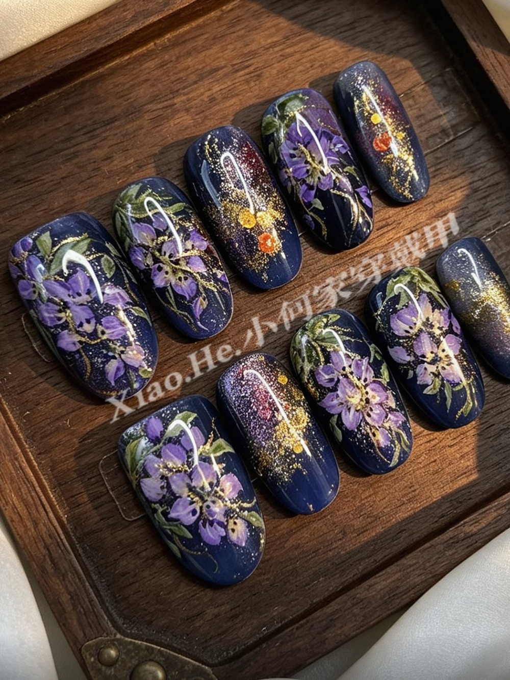 Hand-Painted Floral Press-On Nails in Deep Navy and Purple